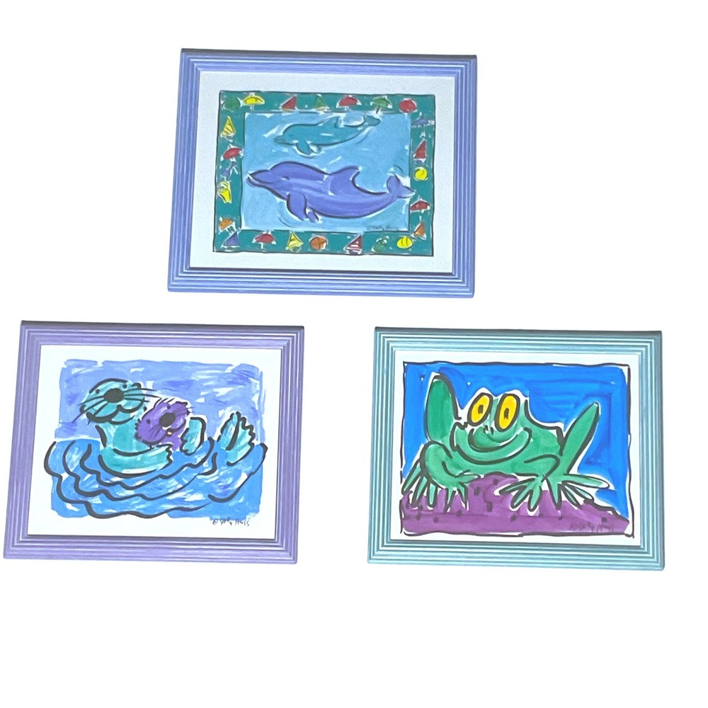 Sally Huss vintage print set‎ framed bright colorful nursery ocean dolphin otter